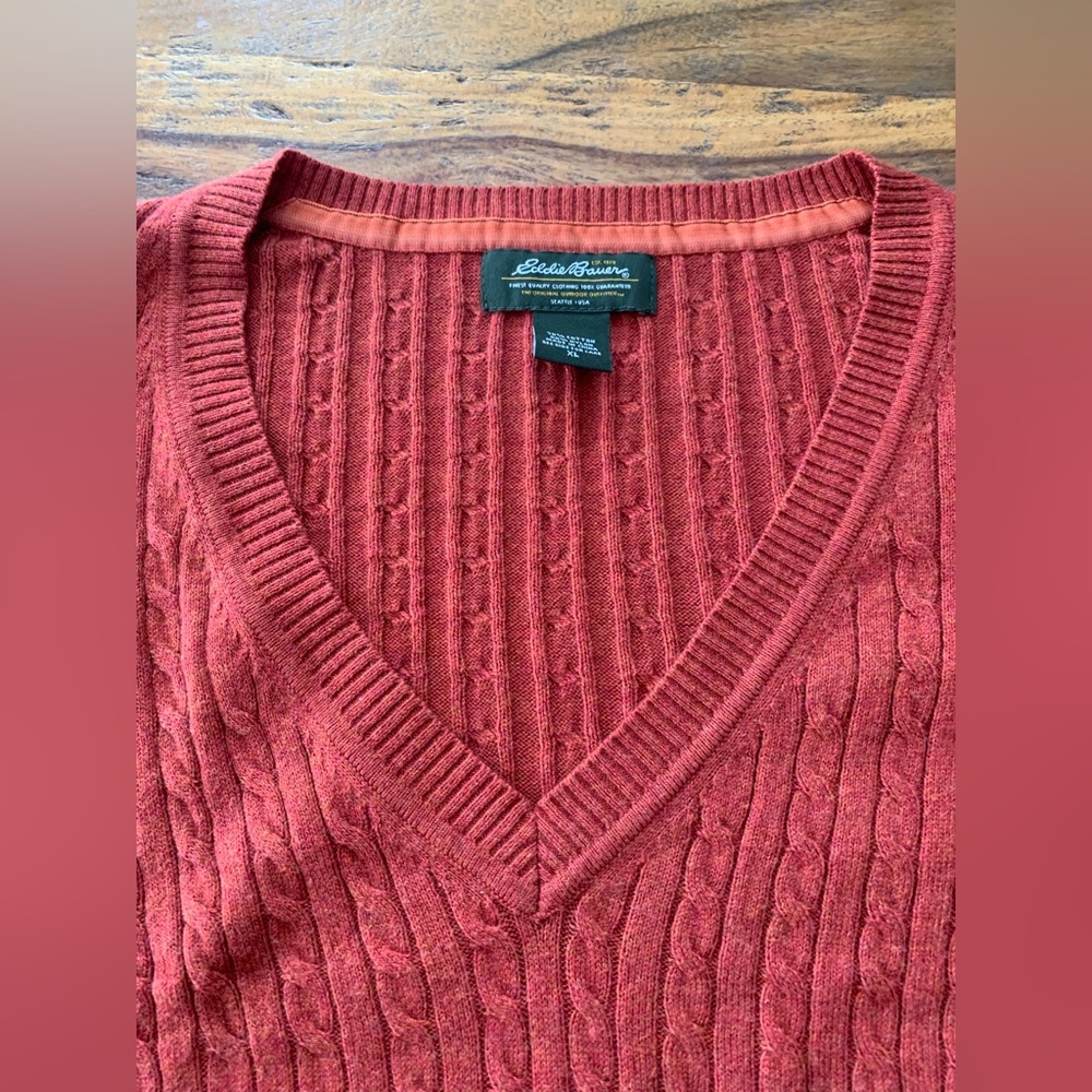 Eddie Bauer Woman’s, Pullover Cable Knit Sweater, V-Neck, Dk. Orange, Size XL